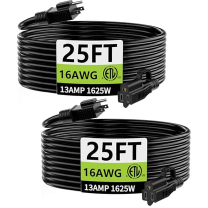 Indoor Outdoor Black Extension Cord 25 ft 2 Pack Waterproof (2 Count)