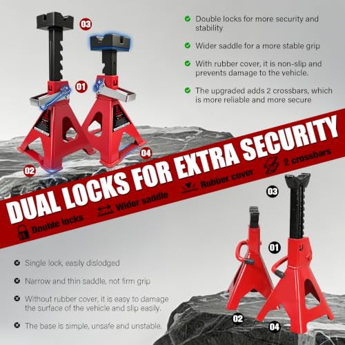3 Ton Jack Stands with 2 Crossbars & Double Locking for Car (2 Count)