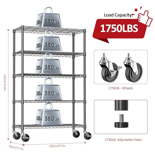 5 Tier Adjustable Heavy Duty Steel Wire Shelving Unit with Wheels (5 Count)