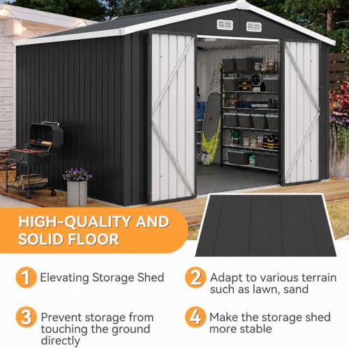 10x8FT Shed with Floor Galvanized Steel Outdoor Storage Shed Black