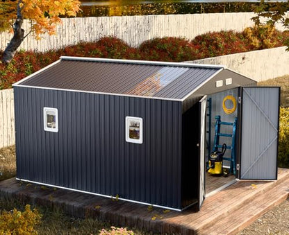 10x10 FT Metal Outdoor Storage Shed with Unique Base Sunroof Window Lockable Double Door Vent Heavy Duty Reinforced Frame Waterproof Sheds for Garden Large Lawnmower Tool