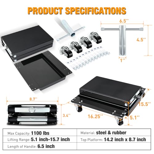 Motorcycle Lift 1100 LBS ATV Scissor Lift Jacks with Dolly Wheels Crank Handle 5.1"