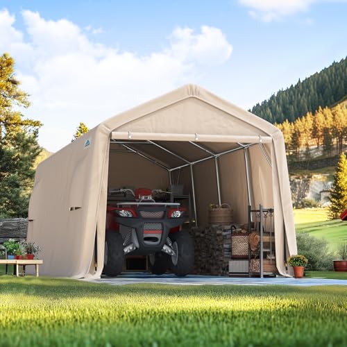 Heavy Duty 10X20 ft Carport Outdoor Patio Portable Canopy Storage Shelter Shed with 2 Rolled up Zipper Doors & Vents for Snowmobile Garden Tools