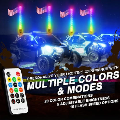 2PCS 3FT RGB Whip Lights for UTV ATV Brighter Spiral Chasing Lighted Antenna Whip for Side by Side with APP and Remote Control for Jeep Off (2 Count)