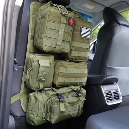 tactical car seat back organizer and storage truck seat covers with a Molle Vehicle Panel and 5 Different Size Molle Pouches for most models such as Jeep