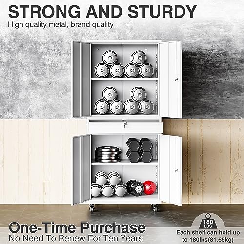 White Metal Storage Cabinet with Wheels and Drawer