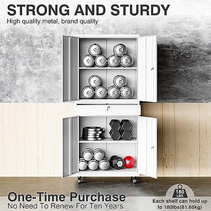 White Metal Storage Cabinet with Wheels and Drawer