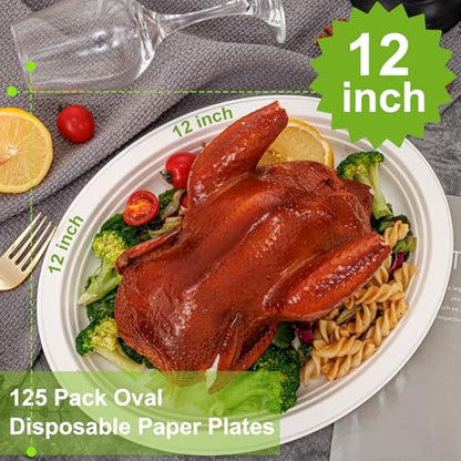 100% Compostable Oval Paper Plates 12 Inch (125 Count)