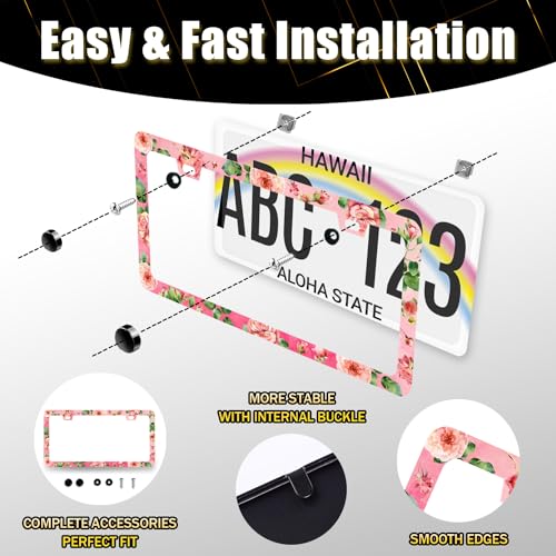 Stainless Steel Rose Pink Floral Flower License Plate Frame 12.3 x 6.3 Incj