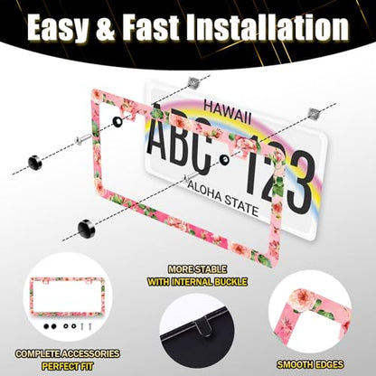Stainless Steel Rose Pink Floral Flower License Plate Frame 12.3 x 6.3 Incj