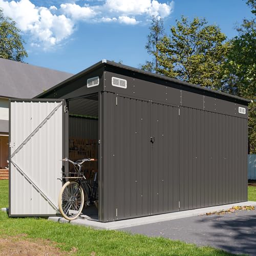 8'x12' Outdoor Lean to Storage Shed with Triple Doors Utility Galvanized Steel Sheds for Vertical Storage