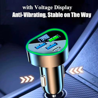 4 in 1 Multi Port USB C Car Phone Charger Adapter with Voltage Display