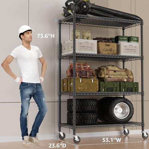 Garage Shelving Wide Storage Shelves 4 Tier Metal Shelves 3200 LBS Heavy Duty Adjustable Utility Shelf Rack Black 23.6" D x 53.1" W x 73.6" H (4 Count)