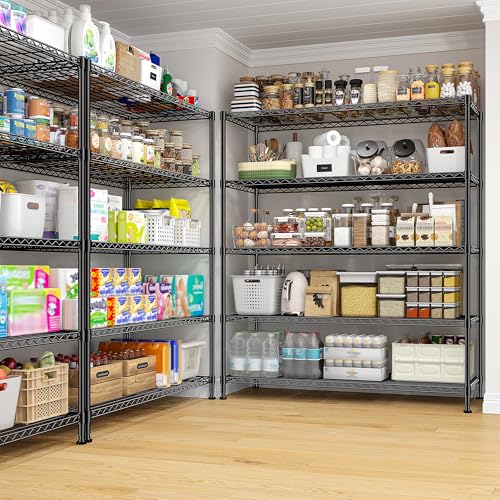 2 Set of 45 W Storage Shelves 5 Tier Wire Shelving Unit Adjustable Metal Shelving Wire Shelf Pantry Shelves Wire Commercial Rack for Closet Kitchen Pantry Garage 45" Wx 13.5" Dx70.5 H Black (2 Count)