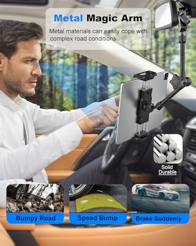 Rearview Mirror Tablet Holder for Car [Metal Magic Arm] Universal Metal Clip Rear View Mirror Tablet Mount