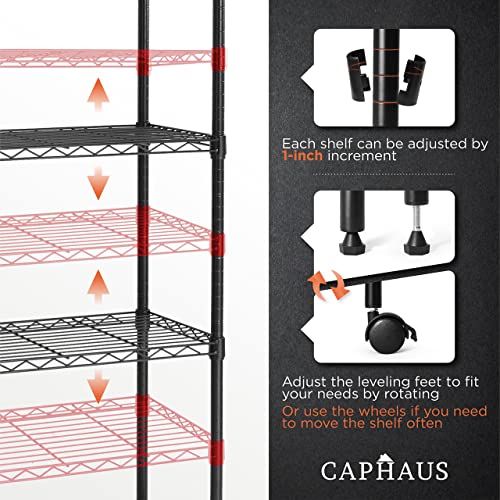 3/4/5-Tier Adjustable Height Wire Shelving Unit, Wire Rack Shelving, Metal Steel Storage Shelves, Garage Shelving Storage Organizer, Utility Storage Shelf, 5-Tier With Wheels, Black (5 Count)