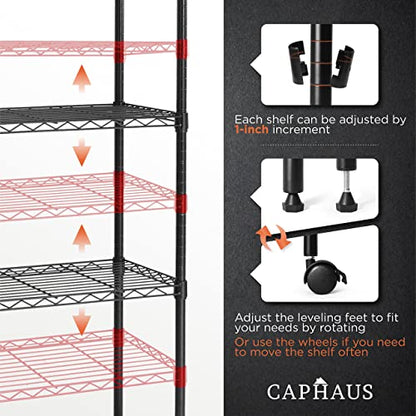 3/4/5-Tier Adjustable Height Wire Shelving Unit, Wire Rack Shelving, Metal Steel Storage Shelves, Garage Shelving Storage Organizer, Utility Storage Shelf, 5-Tier With Wheels, Black (5 Count)