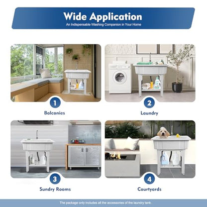 Freestanding Utility Sink Plastic Laundry Tub Spacious Sink with Storage Shelf Indoor Outdoor Wash Station for Bathroom Washing Room