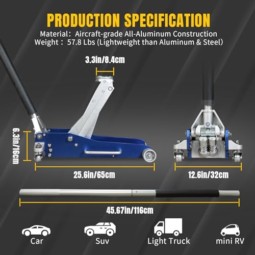 3 Ton Floor Jack Full Aluminum Ultra Lightweight Quick Rise Racing Floor Car Jack with Dual Pump Fast Lifting Low Profile Jack for Vehicle
