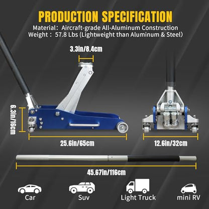 3 Ton Floor Jack Full Aluminum Ultra Lightweight Quick Rise Racing Floor Car Jack with Dual Pump Fast Lifting Low Profile Jack for Vehicle