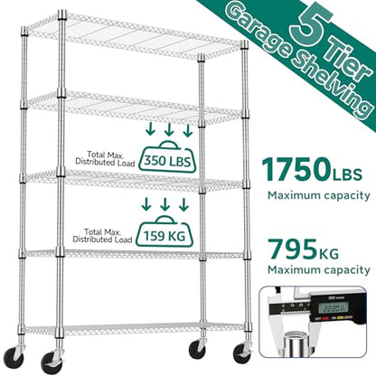 1750LBS 47.2" W 5 Tiers Storage Shelves Metal Shelving Unit with Wheels Heavy Duty Garage Shelving Adjustable Wire Shelves for Pantry