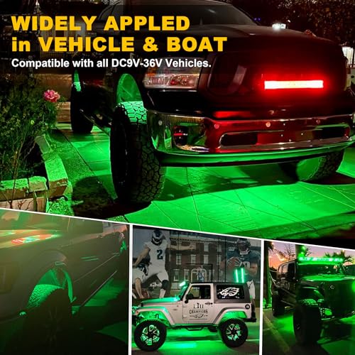 4Pods Pure Green LED Rock Lights 72w high Power Rock Lights Neon Underglow Light for Car Trucks ATV UTV SUV Boat Underbody Glow Trail Rig Light IP68 Waterproof