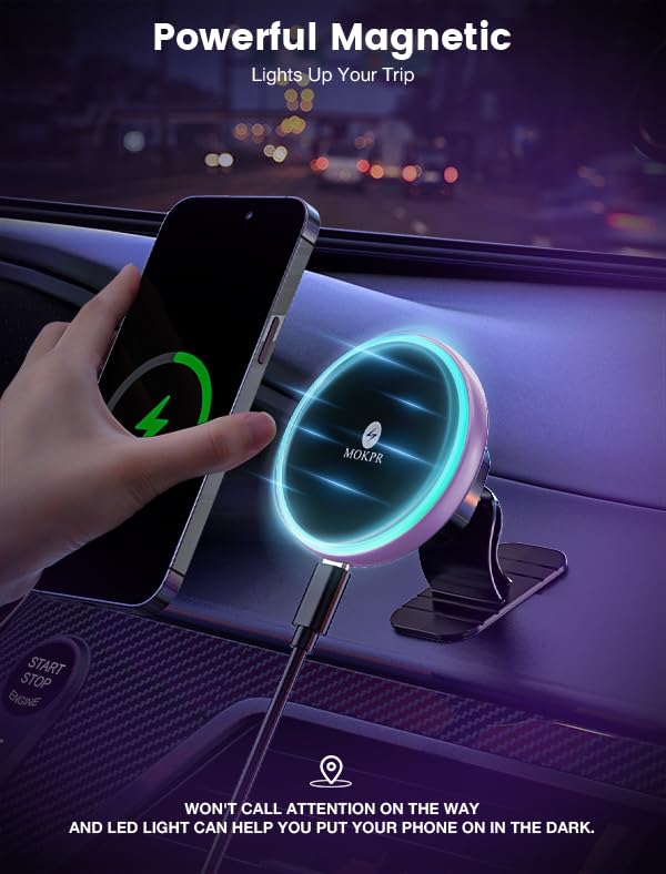 for Magsafe Car Mount Charger 15W LED RGB Car Phone Holder for Dash Vent