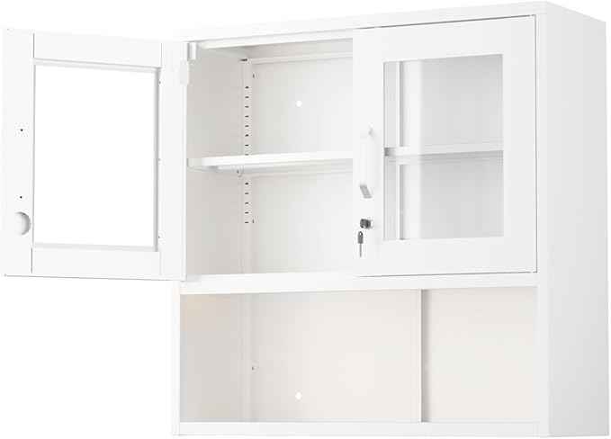 VINGLI Metal Wall Cabinet with Locking Glass Doors, Adjustable Shelf, Wall Mounted Storage Display Cabinets for Garage, Kitchen, Home Office, Warehouse, Living Room, White
