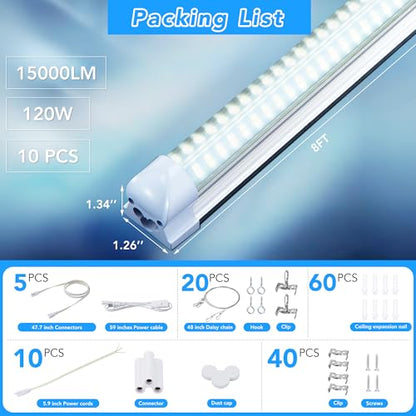 8FT LED Shop Light T8 120W 19200LM 6000K (10 Count)
