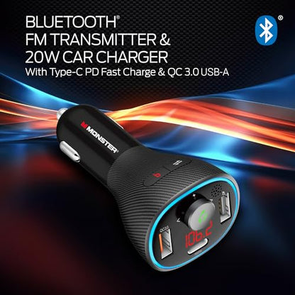 Monster Bluetooth FM Transmitter for Car Cigarette Lighter with 20W QC3.0 USB A & USB C PD Charger