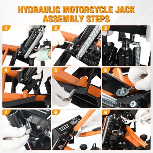 Motorcycle Lift Jack 1500 LBS Hydraulic Lifts ATV Scissor Jacks with Wheel Foot Pedal Handle Ratchet Belt Heavy Duty Lifter Stand Hoist Table for Dirt Bike Garage Storage Repair Tool