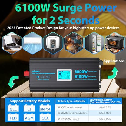 3000 Watt Power Inverter Pure Sine Wave with 6100Watt Surge for 2S 12V DC to 120V AC Converter