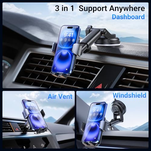 3-in-1 Car Phone Holder [122+LBS Strongest Suction & Stable Clamp Arm] 360° Adjustable Car Phone Mount, Cell Phone Holders for Your Car for Dashboard Vent, All Smartphones & Car Models