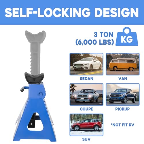 3 Ton (6,000 LBs) Automotive Jack Stands,Heavy Duty Steel Car Lifting Stand for Garages,Repair Shops,Adjustable Height 11.4"-16.8",1 Pair (2 Count)
