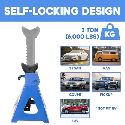 3 Ton (6,000 LBs) Automotive Jack Stands,Heavy Duty Steel Car Lifting Stand for Garages,Repair Shops,Adjustable Height 11.4"-16.8",1 Pair (2 Count)