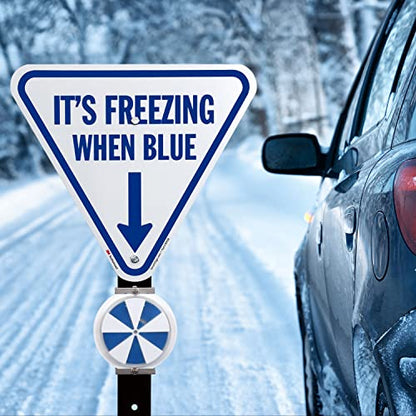 It's Freezing When Blue Inverted Triangular Sign with Down Arrow