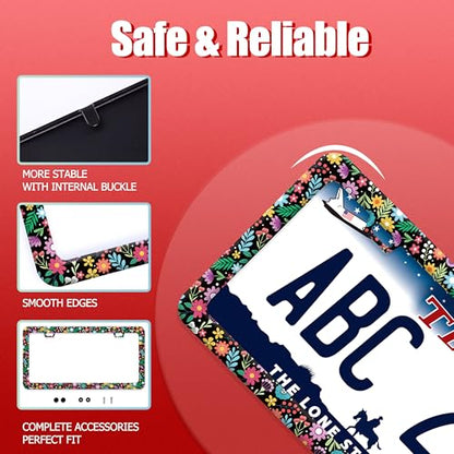 Colorful Flowers Art Stainless Steel License Plate Frame for US Cars Decor