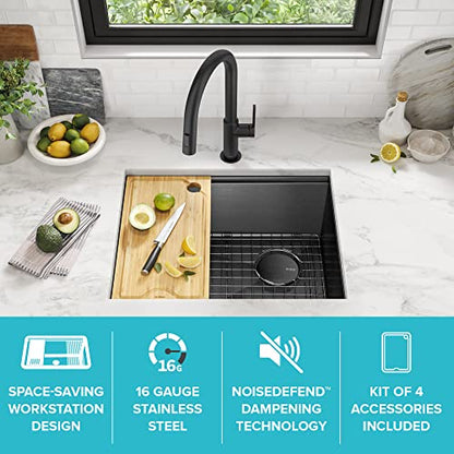 Kore 23 Inch Undermount Workstation 16 Gauge Black Stainless Steel Single Bowl Kitchen Sink in PVD Gunmetal Finish with Accessories
