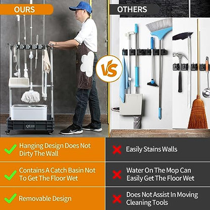 Broom mop holder cleaning supplies organizer janitorial carts on wheels housekeeping station storage tools for garage
