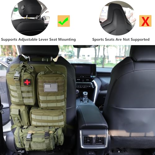 tactical car seat back organizer and storage truck seat covers with a Molle Vehicle Panel and 5 Different Size Molle Pouches for most models such as Jeep
