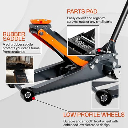 3-Ton (6600lbs) Low-Profile Dual Pistons Heavy-Duty Steel Racing Floor Jack with Quick Lift Hydraulic Pump, Foot Pedal and Magentic Pad for Car Maintenance