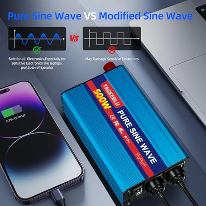 500W Pure Sine Wave Power Inverter 12V DC to 110V 120V AC for Vehicles