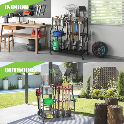 Garden Tool Holder Organizer with Heavy Duty Wheels for Garage
