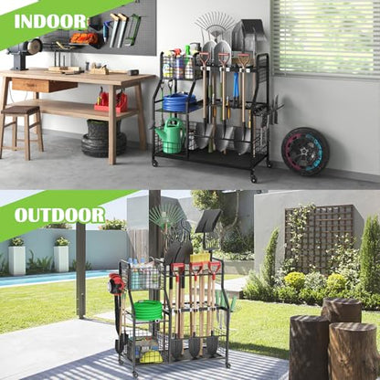 Garden Tool Holder Organizer with Heavy Duty Wheels for Garage