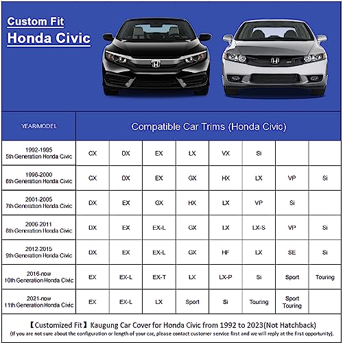 6 Layers Car Cover Custom Fit Honda Civic Sedan from 1995 to 2025