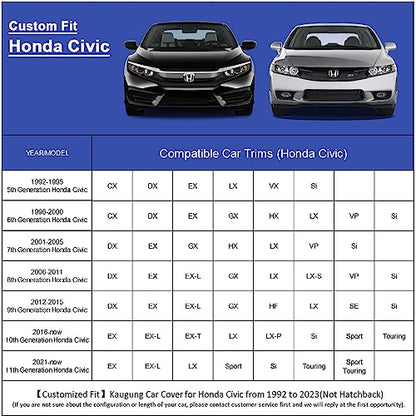6 Layers Car Cover Custom Fit Honda Civic Sedan from 1995 to 2025