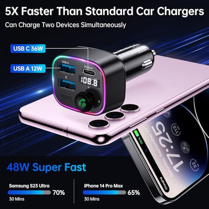 Bluetooth 5.4 Car Adapter 48W FM Transmitter for Hands Free Calls