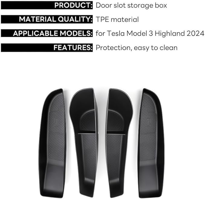 GGCLIMAX Car Organizer 4pcs Car Door Side Storage Box Compatible with Tesla Model 3 Highland 2024 TPE Front Rear Door Organizer Tray Interior Accessories(4 Pcs BLACK)