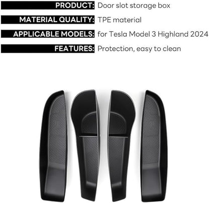 GGCLIMAX Car Organizer 4pcs Car Door Side Storage Box Compatible with Tesla Model 3 Highland 2024 TPE Front Rear Door Organizer Tray Interior Accessories(4 Pcs BLACK)