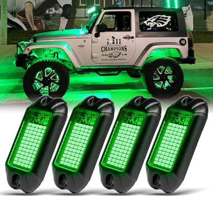 4Pods Pure Green LED Rock Lights 72w high Power Rock Lights Neon Underglow Light for Car Trucks ATV UTV SUV Boat Underbody Glow Trail Rig Light IP68 Waterproof